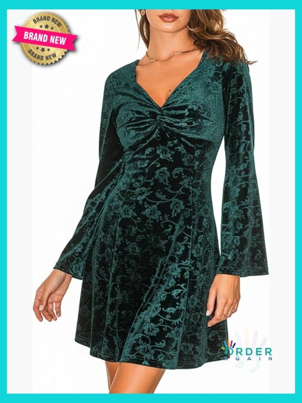 Velvet Mini Dress Flare Sleeve V Neck Vintage Party Evening Fit Flare